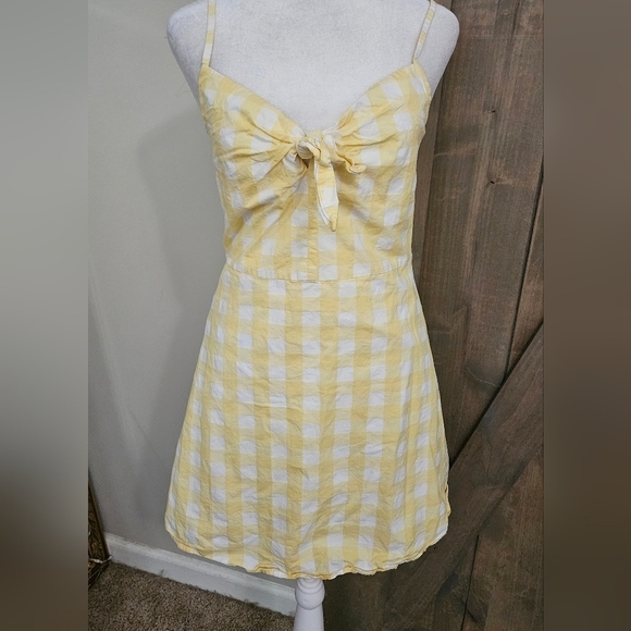 MANGO Gingham Check Bow Mini Thin Strap Dress In Butter Yellow/white. Size SM - Picture 9 of 16